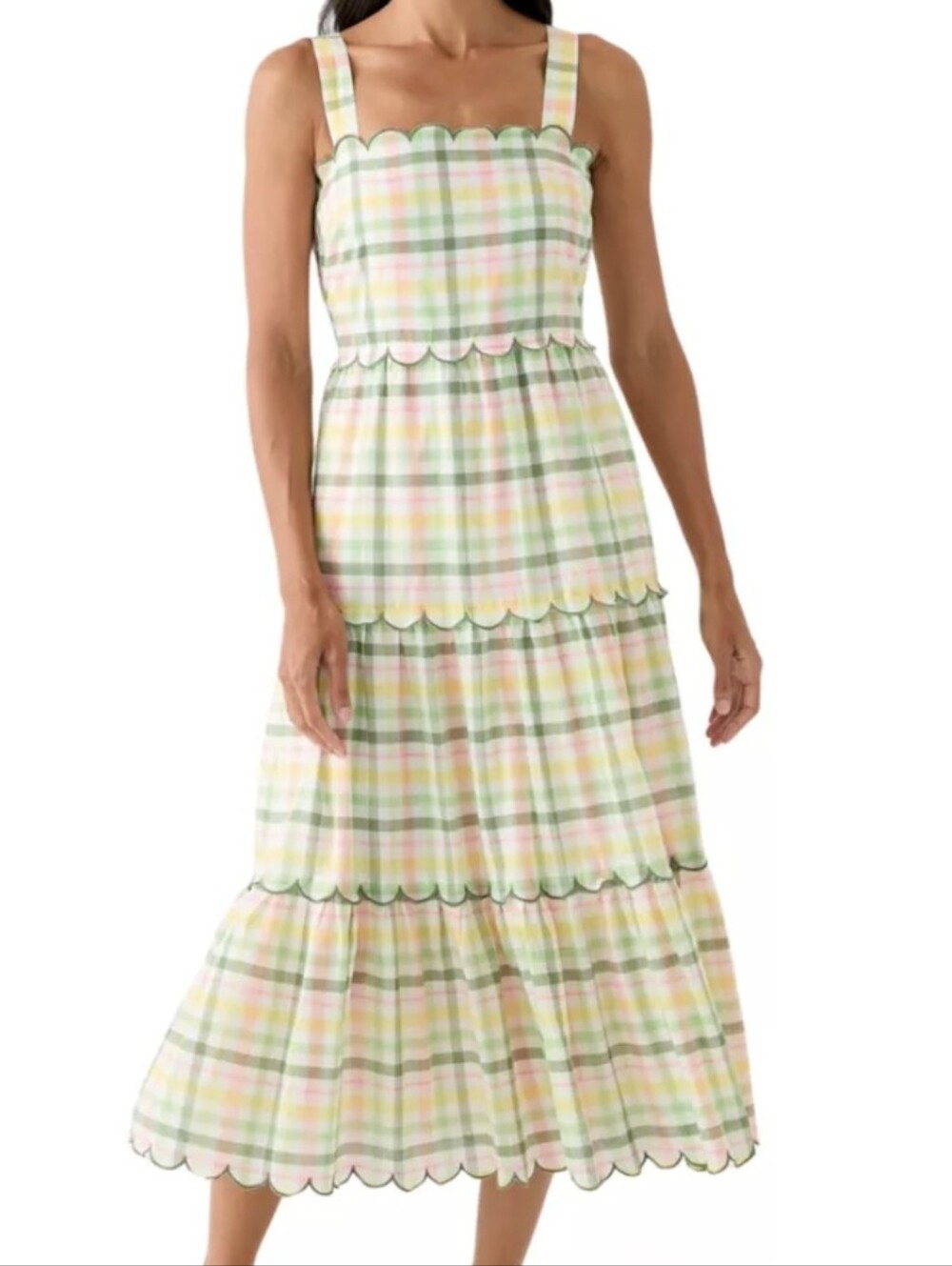 crown & ivy Pastel Plaid Scalloped Midi Dress